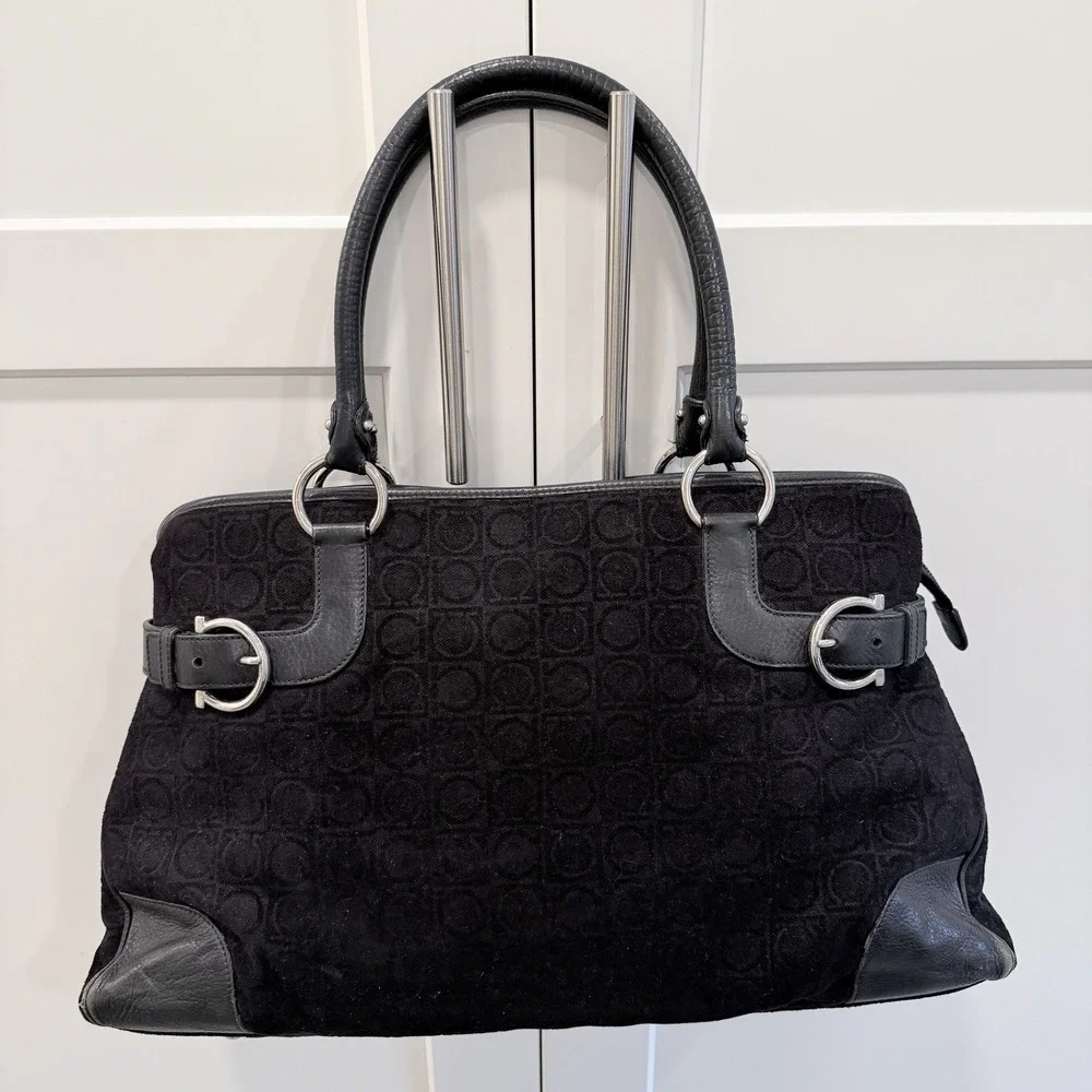 Salvatore Ferragamo Gancini Monogram Black Suede Leather Satchel Bag Vintage